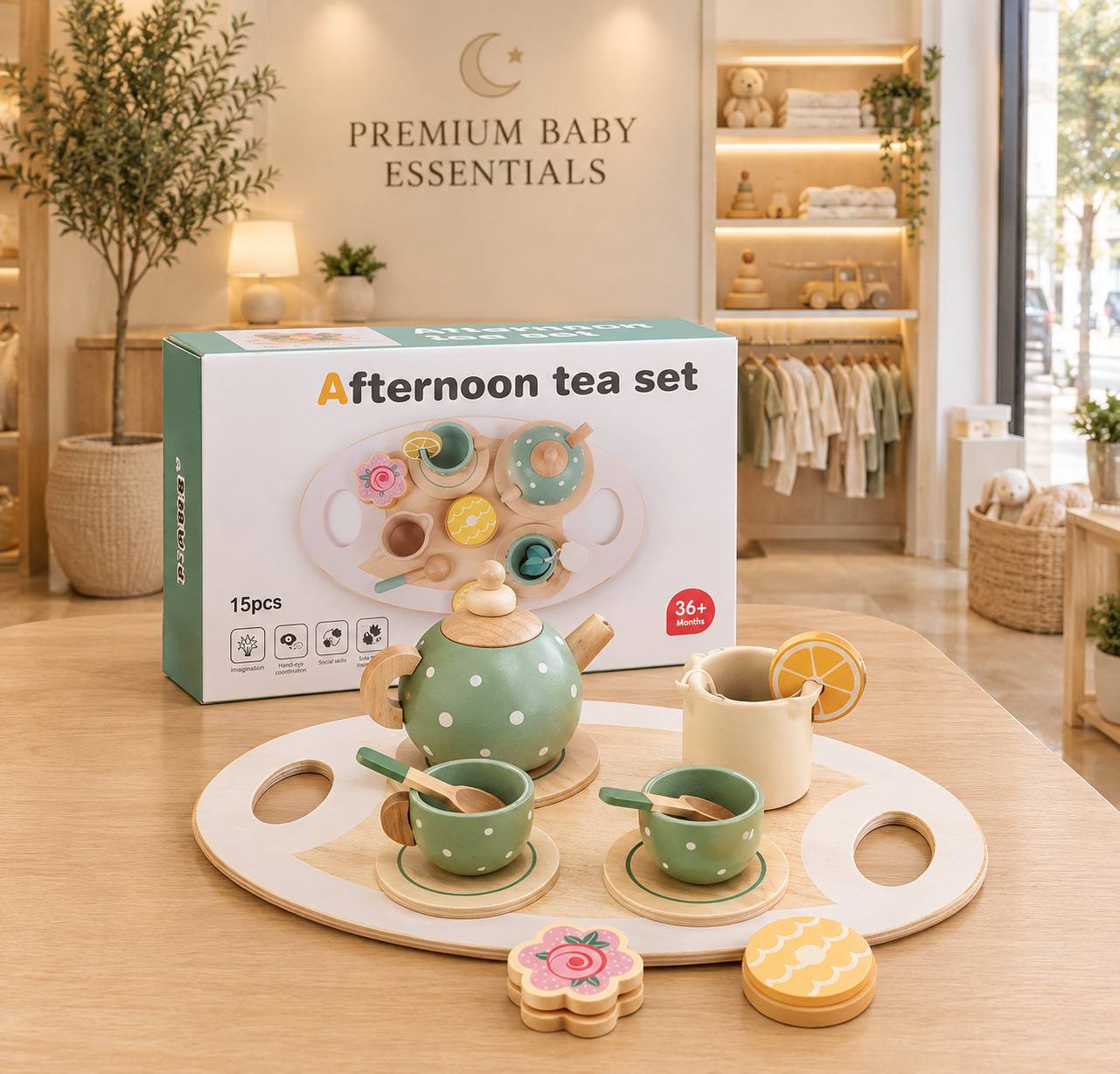 Wooden Afternoon Tea Set Toy Kitchen Accessories Tea Party Food Play Early Educational Toys for Toddlers Girls Boys Kids Gifts