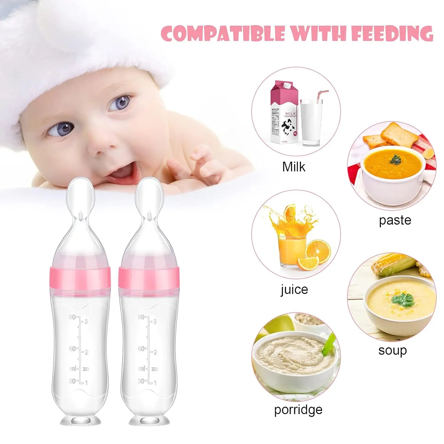 1/2Pcs Baby Food Feeding Spoons Silicone Feeding Bottle with Spoon Suction Cup 90ml Newborn Food Rice Cereal Spoon Tableware