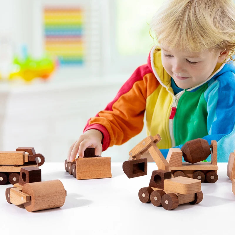 Wooden Toys Beech Wood Car Blocks Cartoon Excavator Educational Montessori Toys Children Ambulance Police Car Birthday Gift