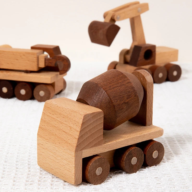 Wooden Toys Beech Wood Car Blocks Cartoon Excavator Educational Montessori Toys Children Ambulance Police Car Birthday Gift