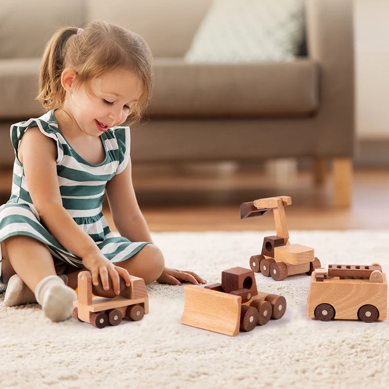 Wooden Toys Beech Wood Car Blocks Cartoon Excavator Educational Montessori Toys Children Ambulance Police Car Birthday Gift