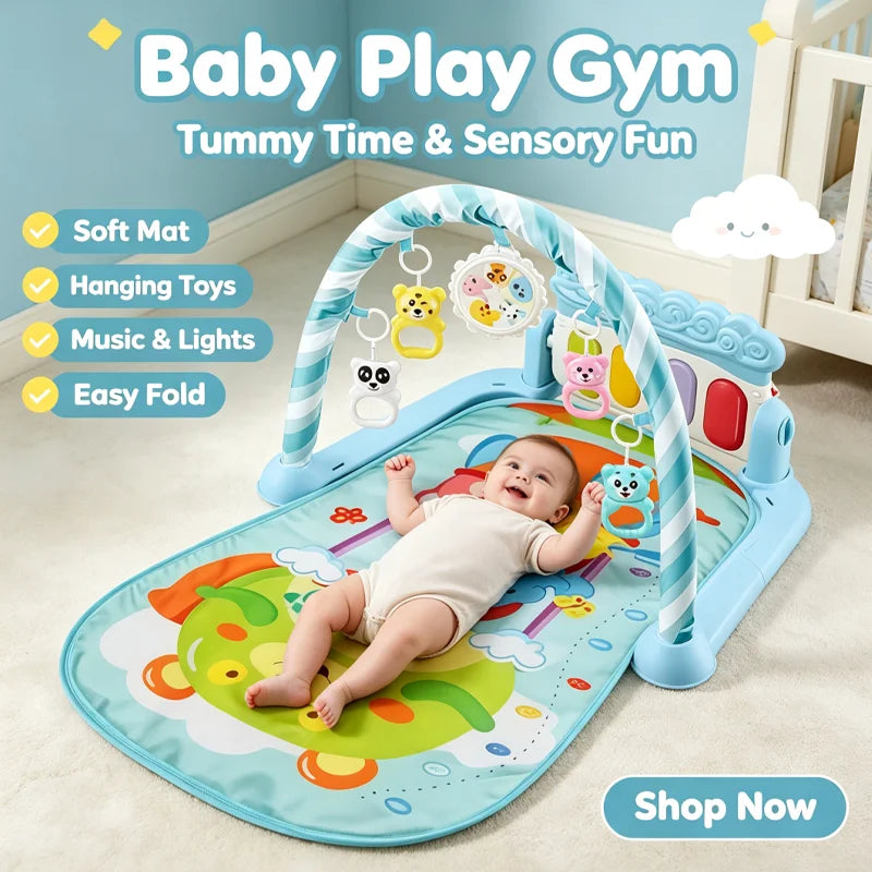 Baby Play Gym 3 in 1 Tummy Time with Hanging Toys Music and Lights Foldable Soft Sensory Playmat for Newborn Infants 0‑12 Months