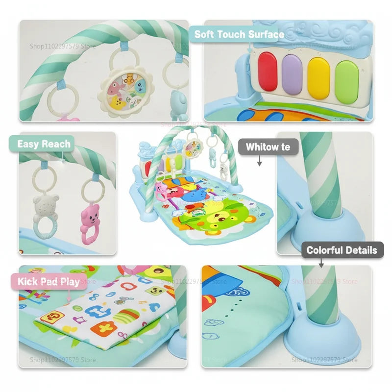 Baby Play Gym 3 in 1 Tummy Time with Hanging Toys Music and Lights Foldable Soft Sensory Playmat for Newborn Infants 0‑12 Months