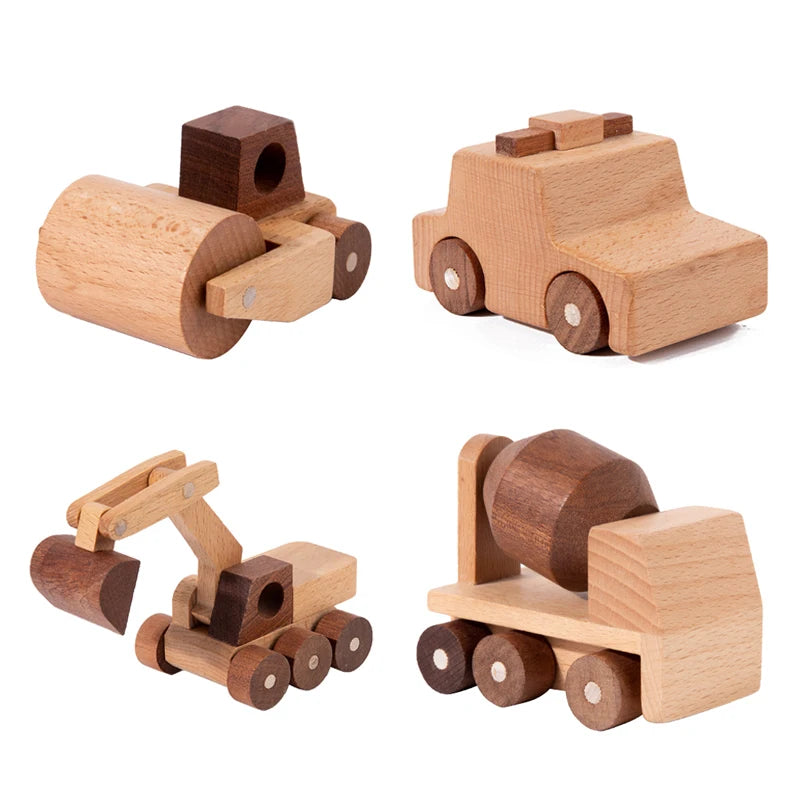 Wooden Toys Beech Wood Car Blocks Cartoon Excavator Educational Montessori Toys Children Ambulance Police Car Birthday Gift