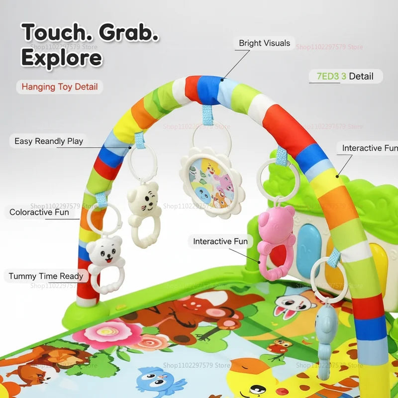 Baby Play Gym 3 in 1 Tummy Time with Hanging Toys Music and Lights Foldable Soft Sensory Playmat for Newborn Infants 0‑12 Months