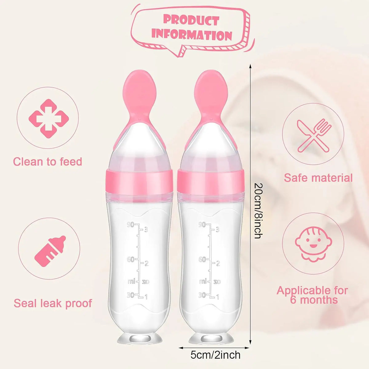 1/2Pcs Baby Food Feeding Spoons Silicone Feeding Bottle with Spoon Suction Cup 90ml Newborn Food Rice Cereal Spoon Tableware