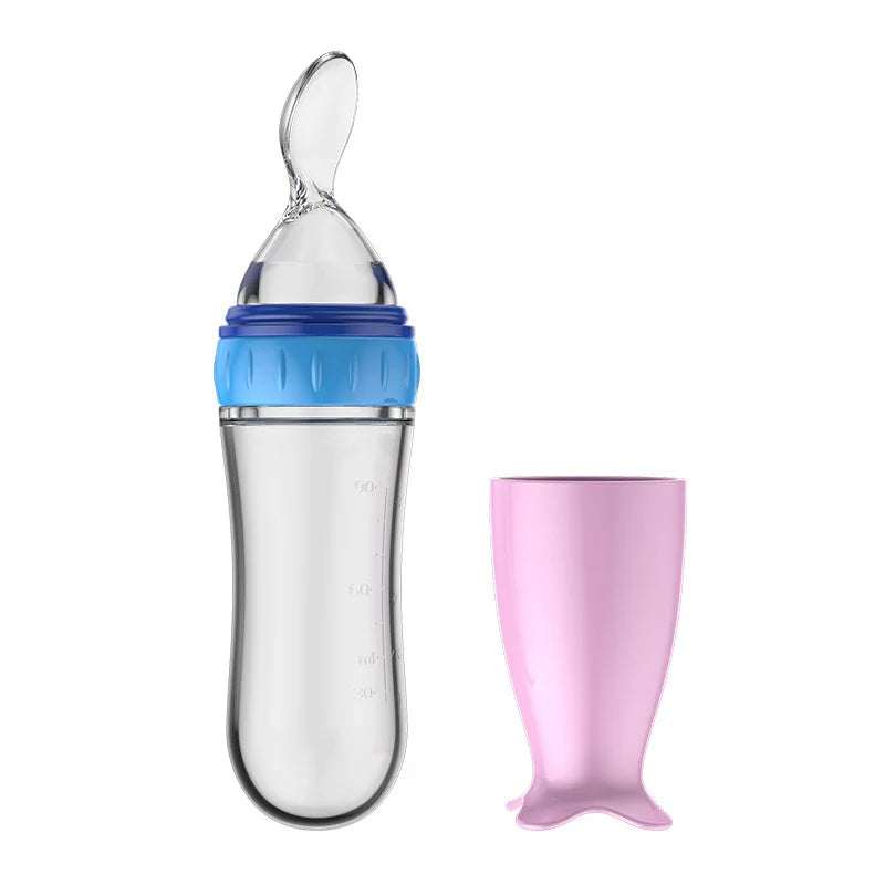 1/2Pcs Baby Food Feeding Spoons Silicone Feeding Bottle with Spoon Suction Cup 90ml Newborn Food Rice Cereal Spoon Tableware